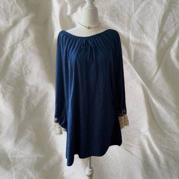 Deena Other - Navy Blue Women's Chemise with Lace Trim